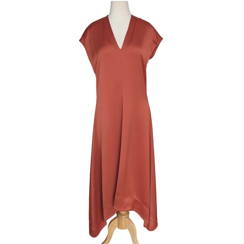 Halston Rust‎ Asymmetrical Midi Dress Sleeveless V-Neck Flowy Women's